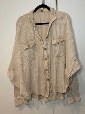 Free People Cream Waffle Knit Button Top